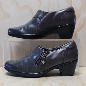 Clarks Dark Gray Heeled Ankle Boots Women 6.5 Leather Shoe Zipper Booties